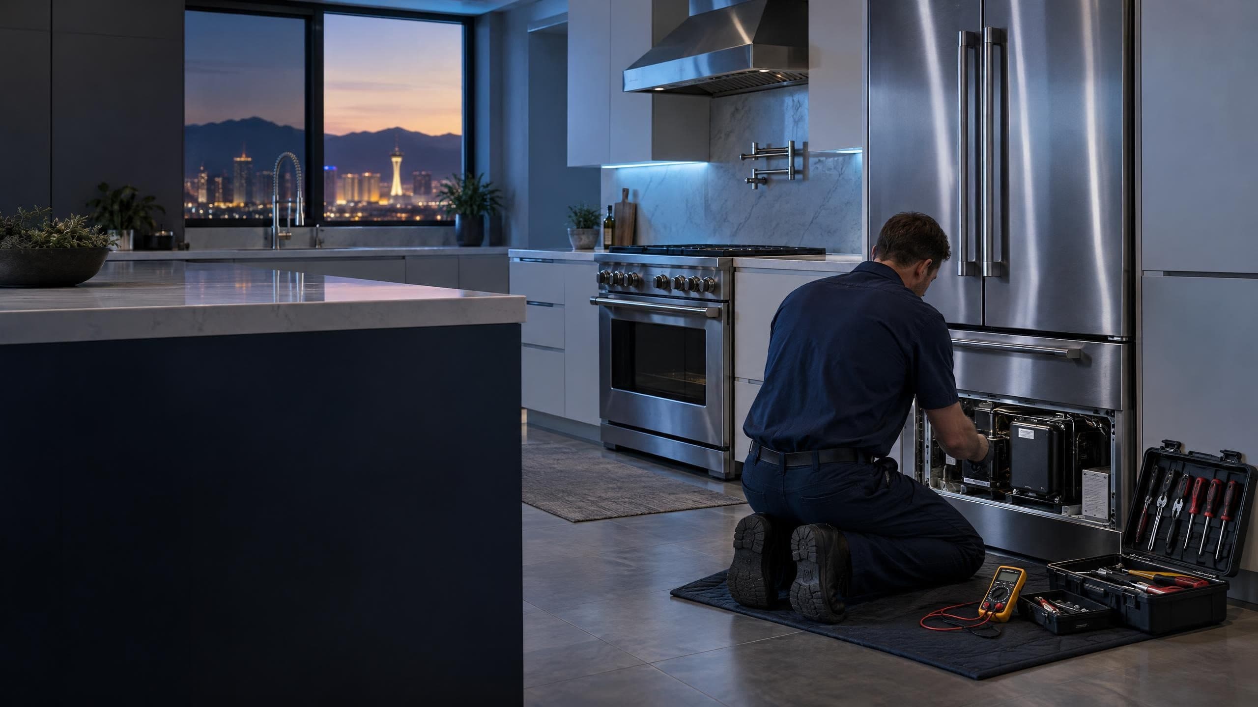 A technician kneeling at an open stainless-steel refrigerator with a tool case beside him