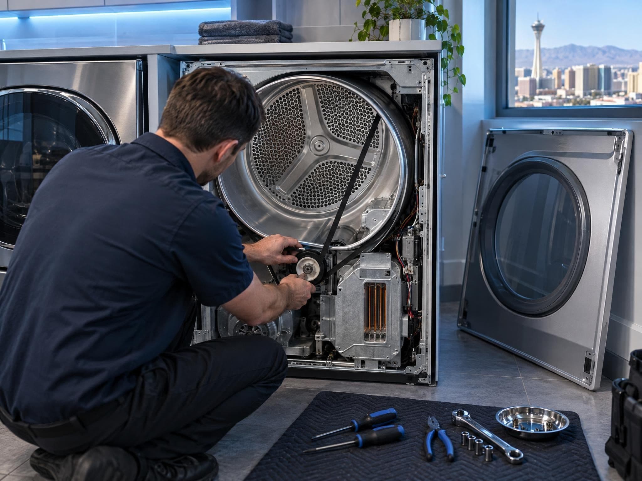 Dryer with its front panel removed while a technician checks the drive belt