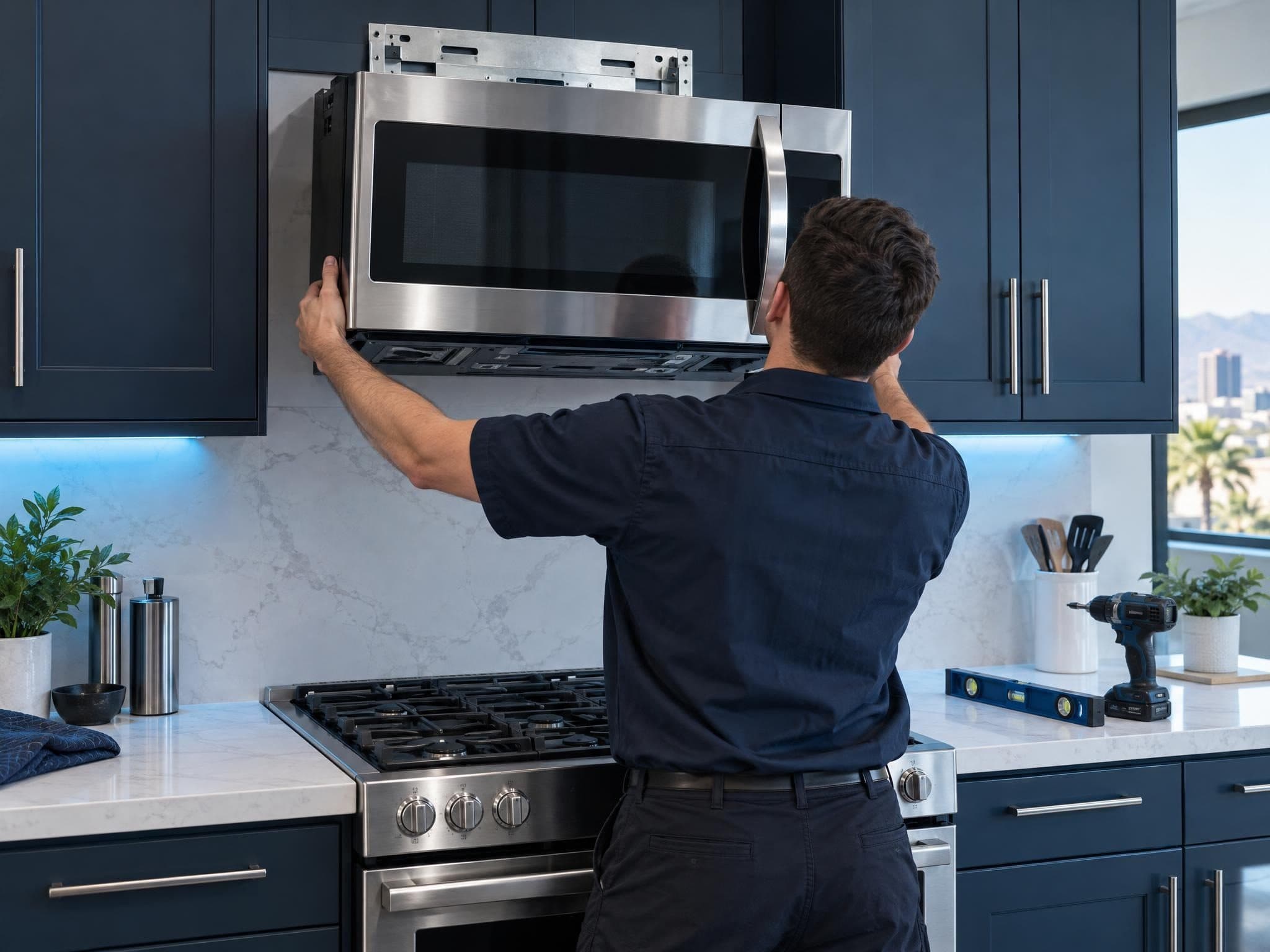 Technician installing an over-the-range microwave