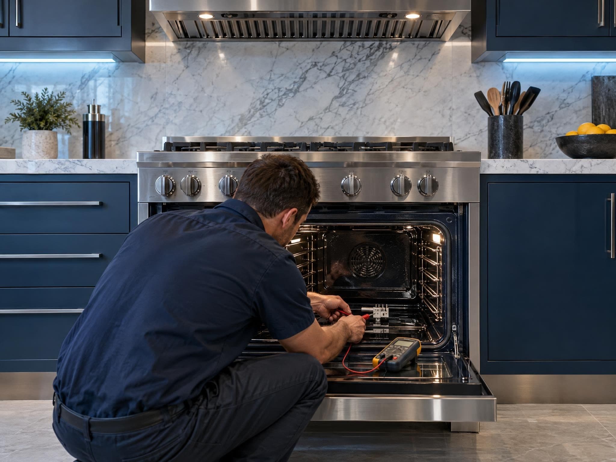 Technician testing an oven igniter with a multimeter