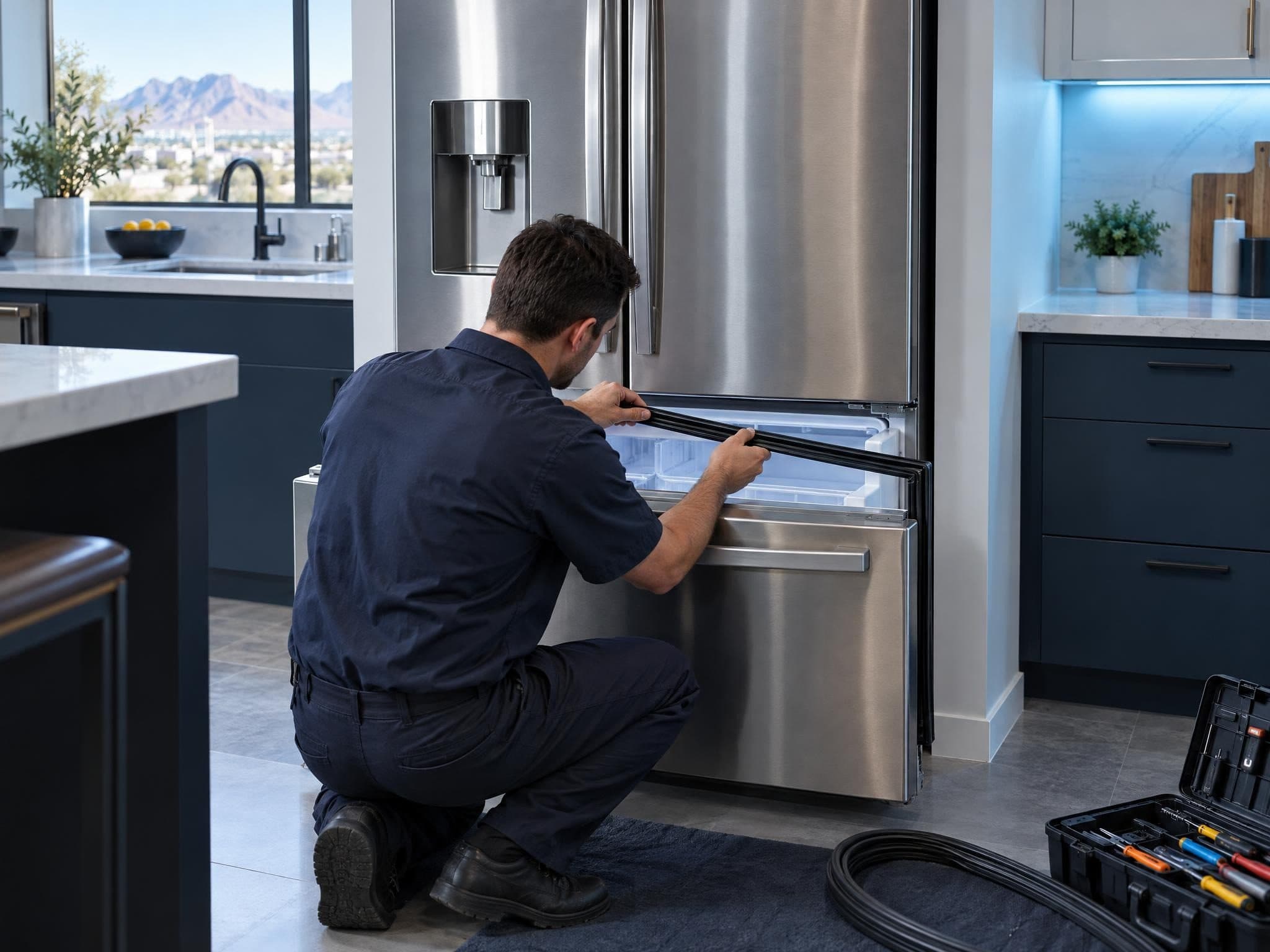 Technician fitting a new door gasket on a stainless French-door refrigerator