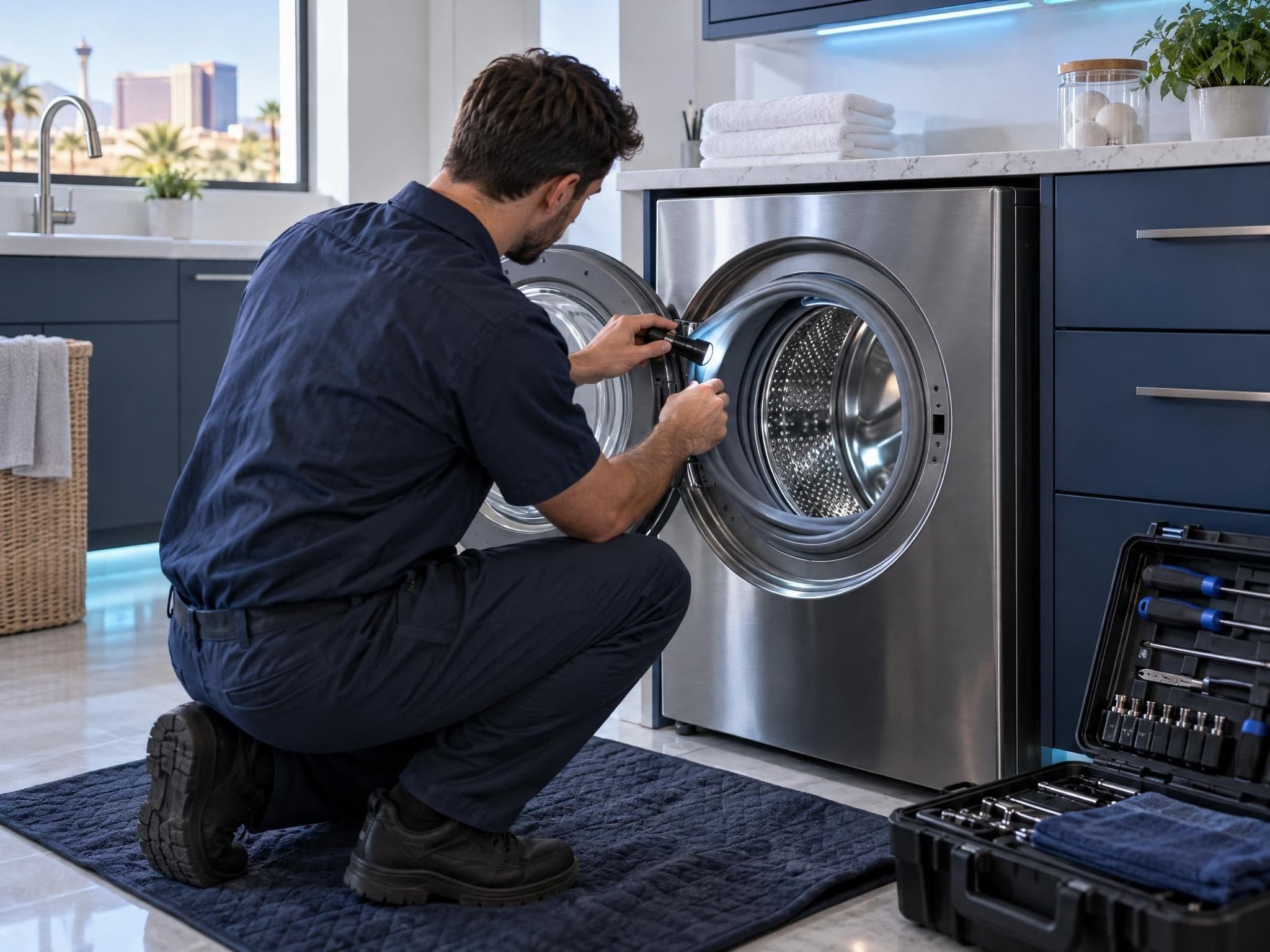 Technician inspecting the door seal of a front-load washer
