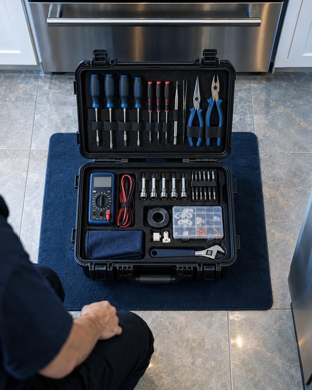 Organized technician tool case on a protective mat