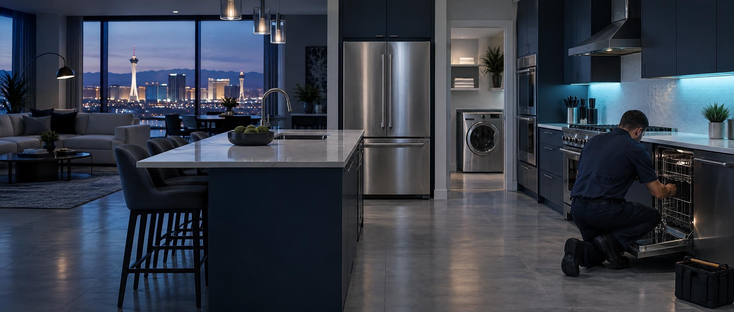 A technician repairing a built-in oven in a modern kitchen with the Las Vegas skyline behind