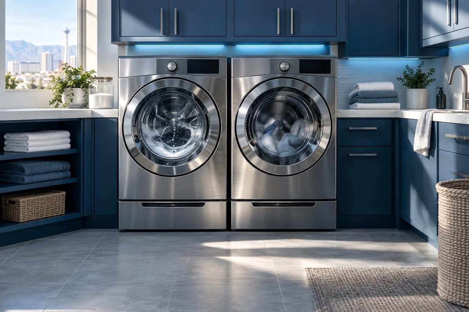 Finished laundry room with washer and dryer running
