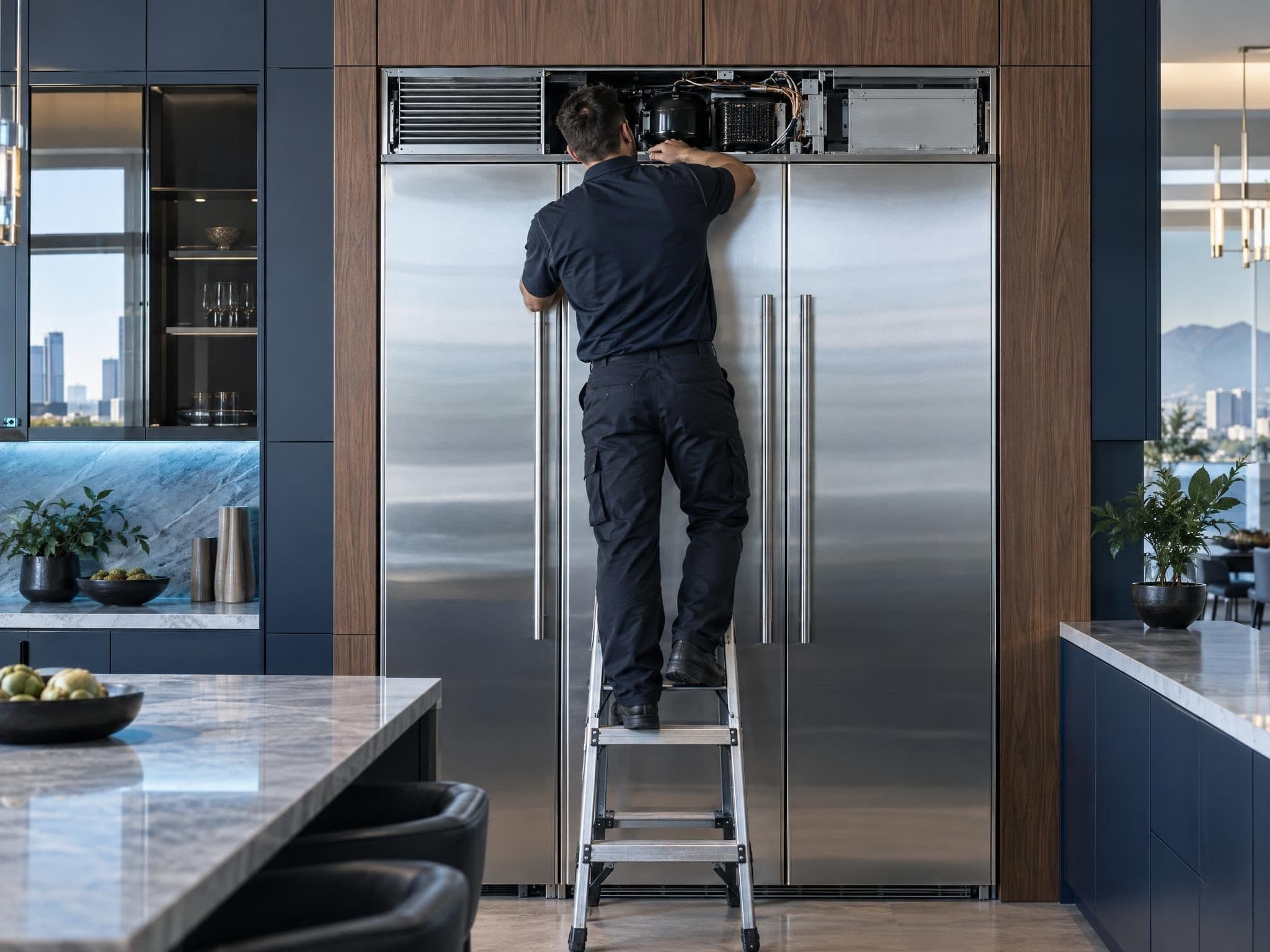 Technician inspecting the compressor compartment of a built-in refrigerator